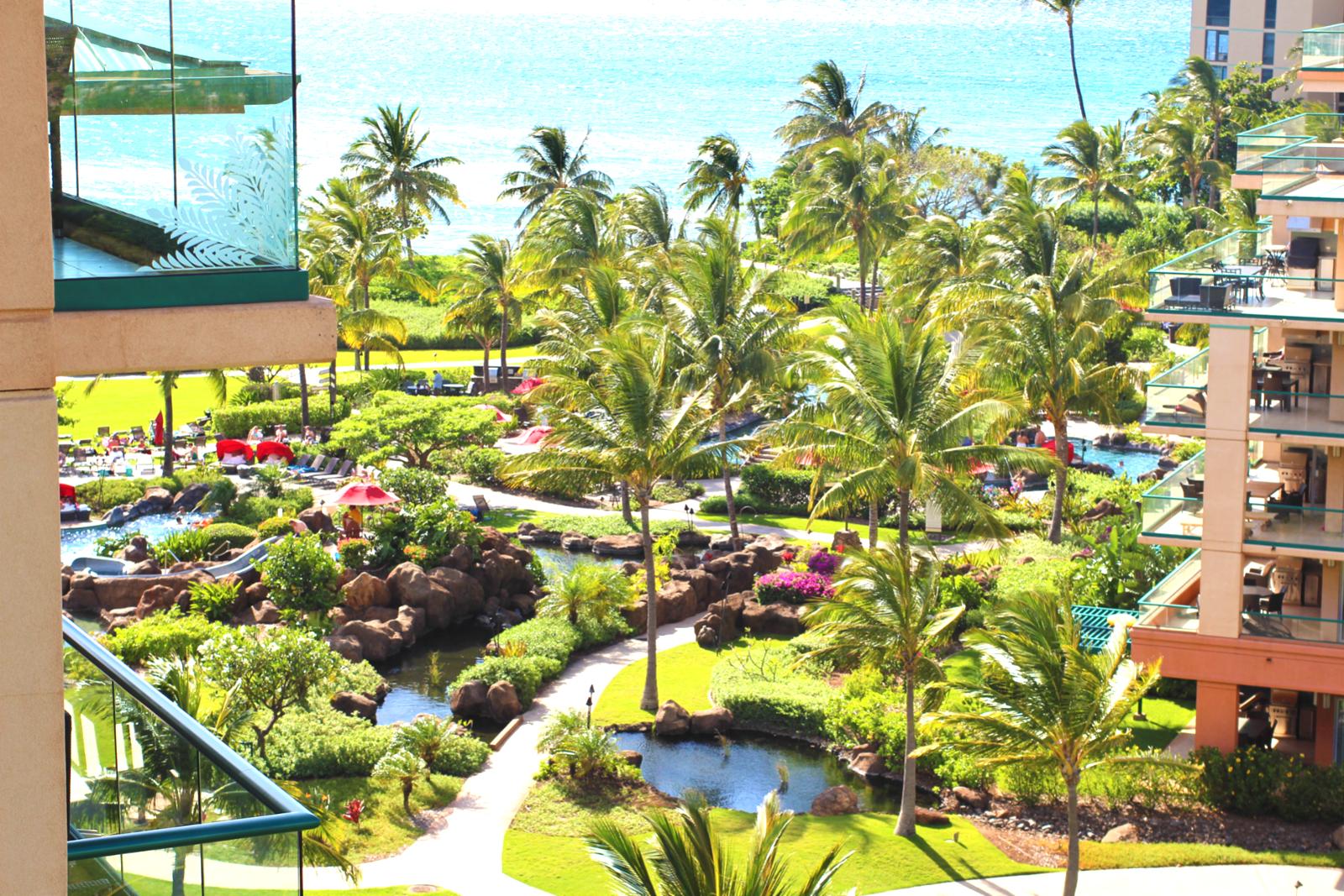 Lush tropical grounds and views of the many pools. 
