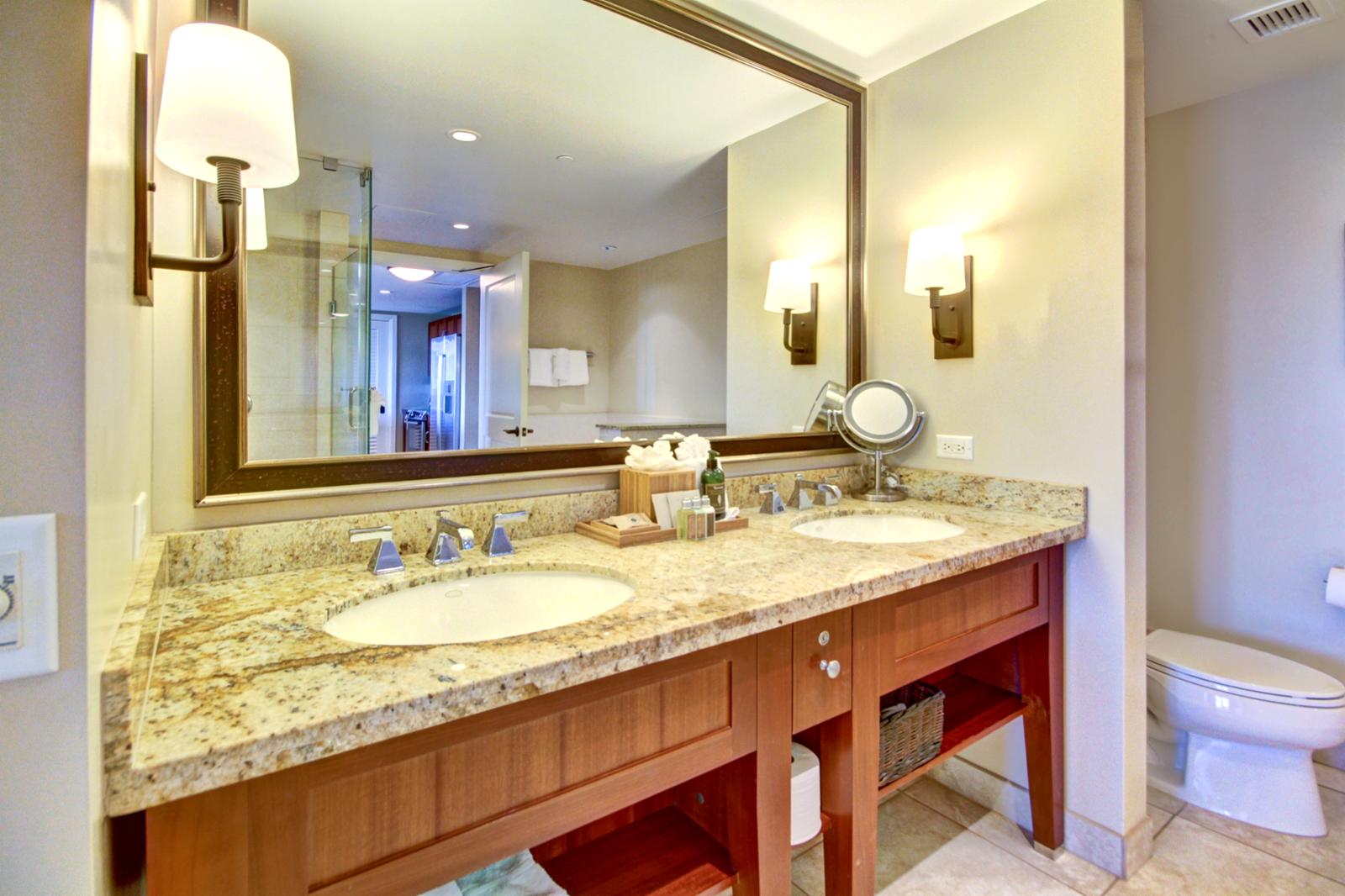 Large master bathroom with large vanity and dual sinks.
