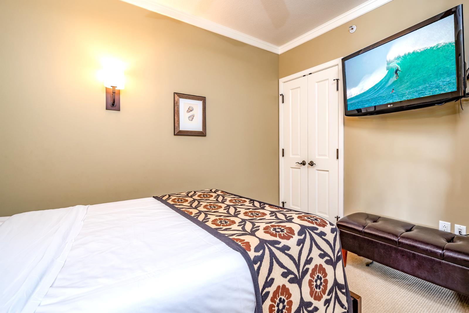 Large flatscreen television and ample storage available in room, privacy doors a must!
