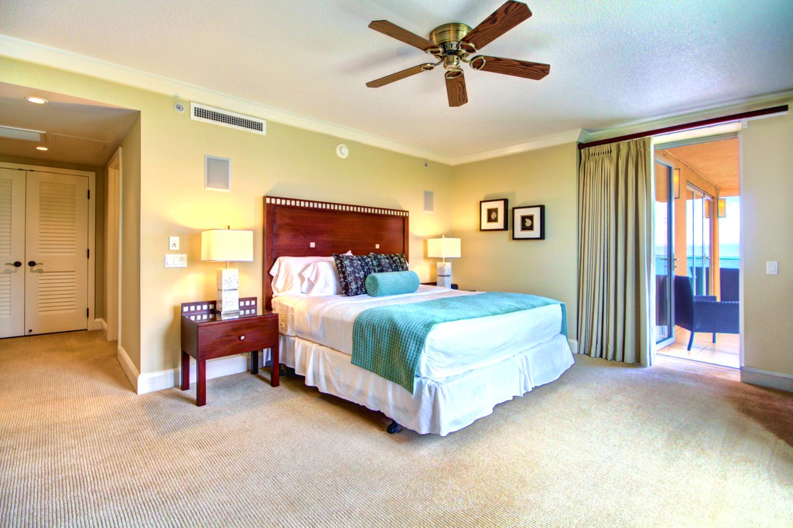 Looking into the master bedroom with the large king bed. 