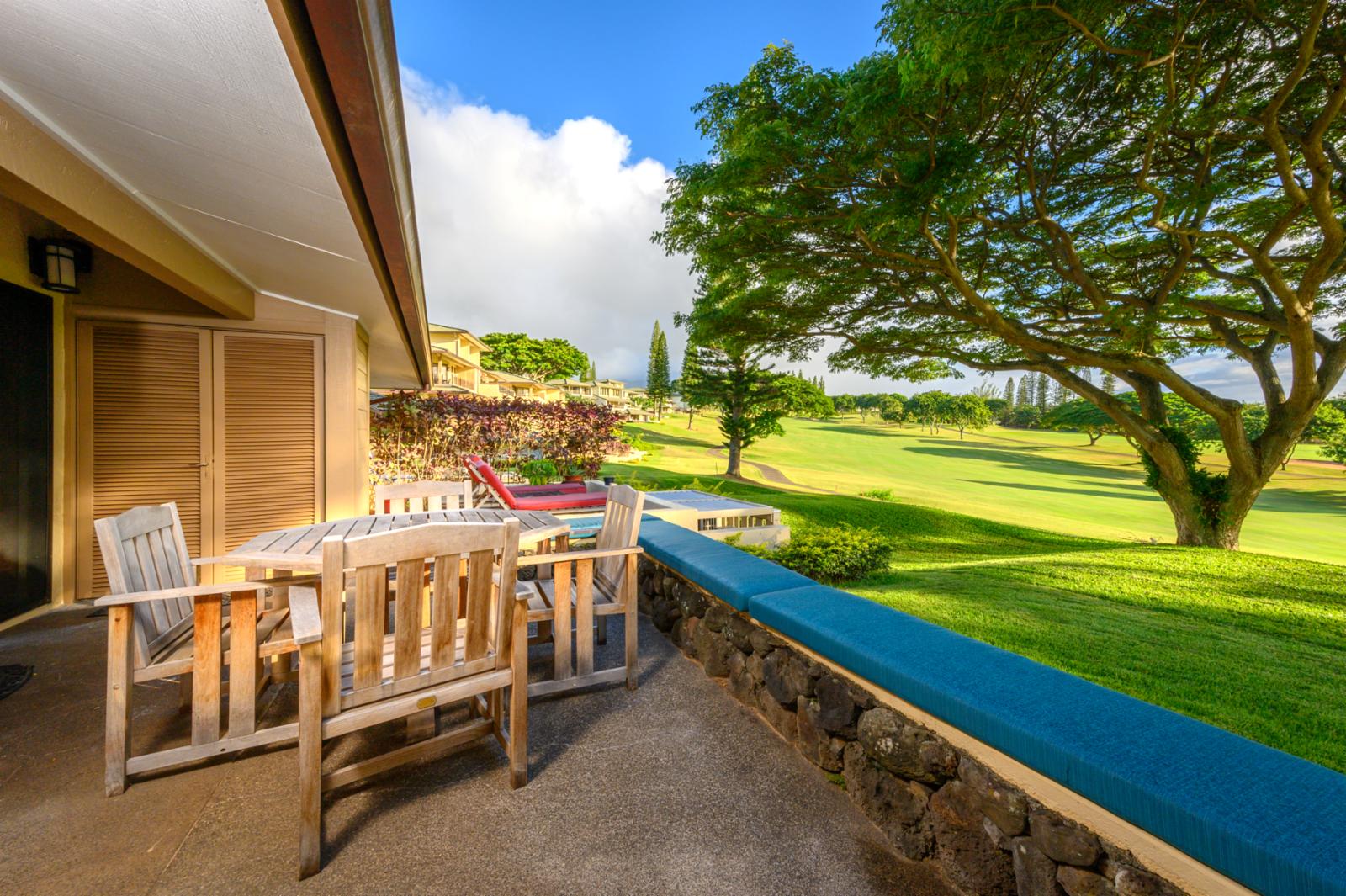 Very private Kapalua Golf Villa with sweeping Kapalua Bay Golf course and Pacific Ocean views in the distance.