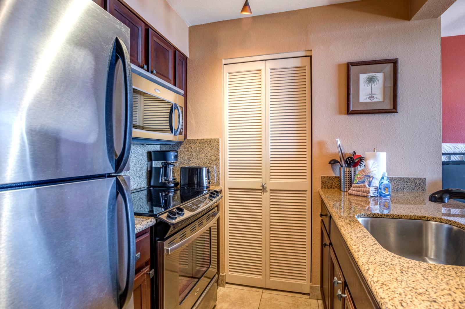 Unit comes fully stocked ready for your use, washer and dryer in unit!