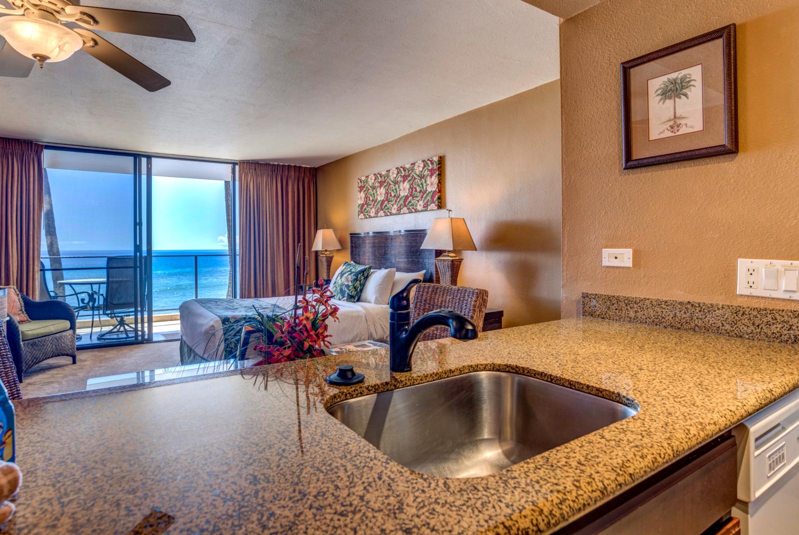 Fully stocked kitchen with a one of kind ocean view back drop!