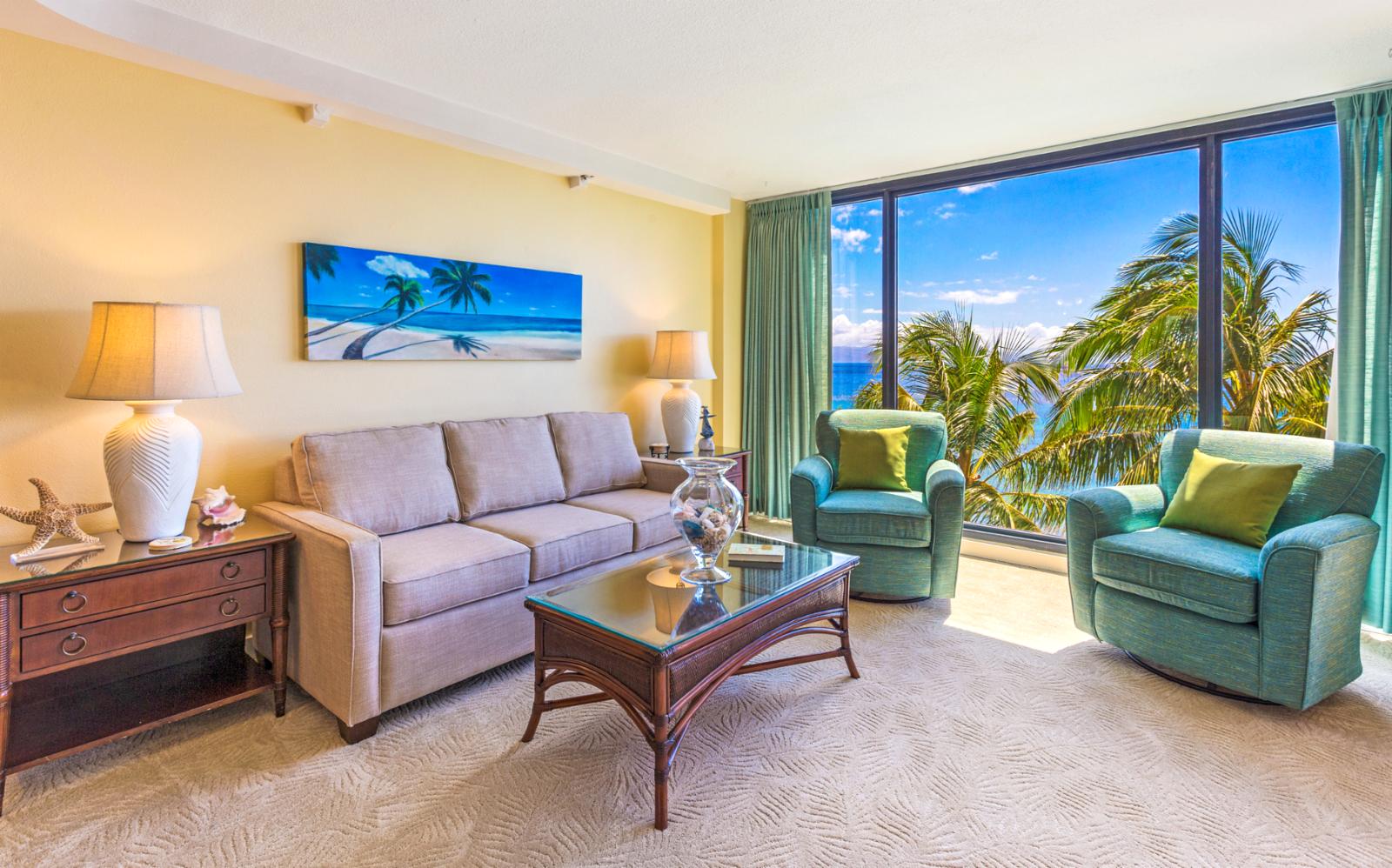 Comfortable couch with ocean views while you watch television