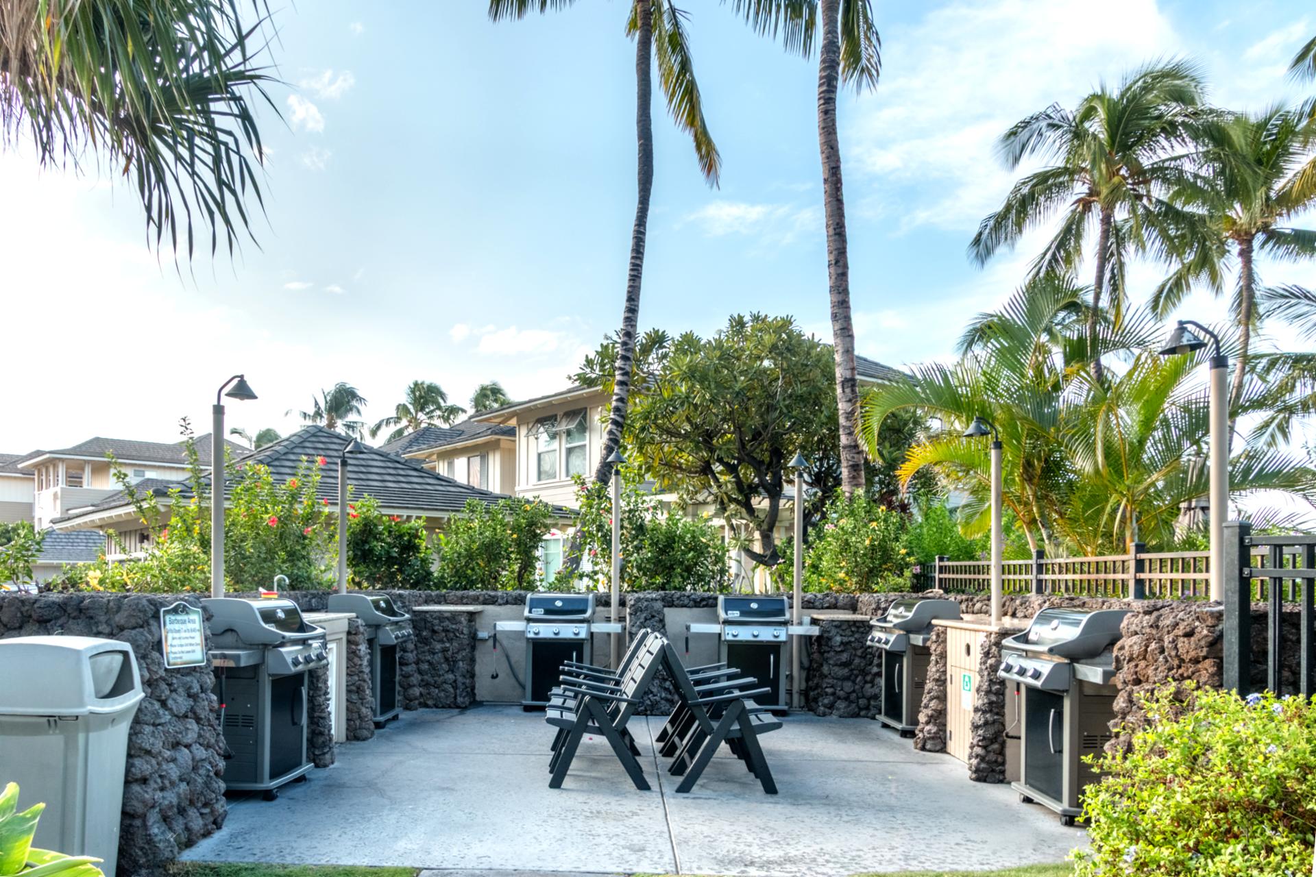 Grill dinner with friends at the community BBQ pavilion, complete with multiple stations and shaded seating.