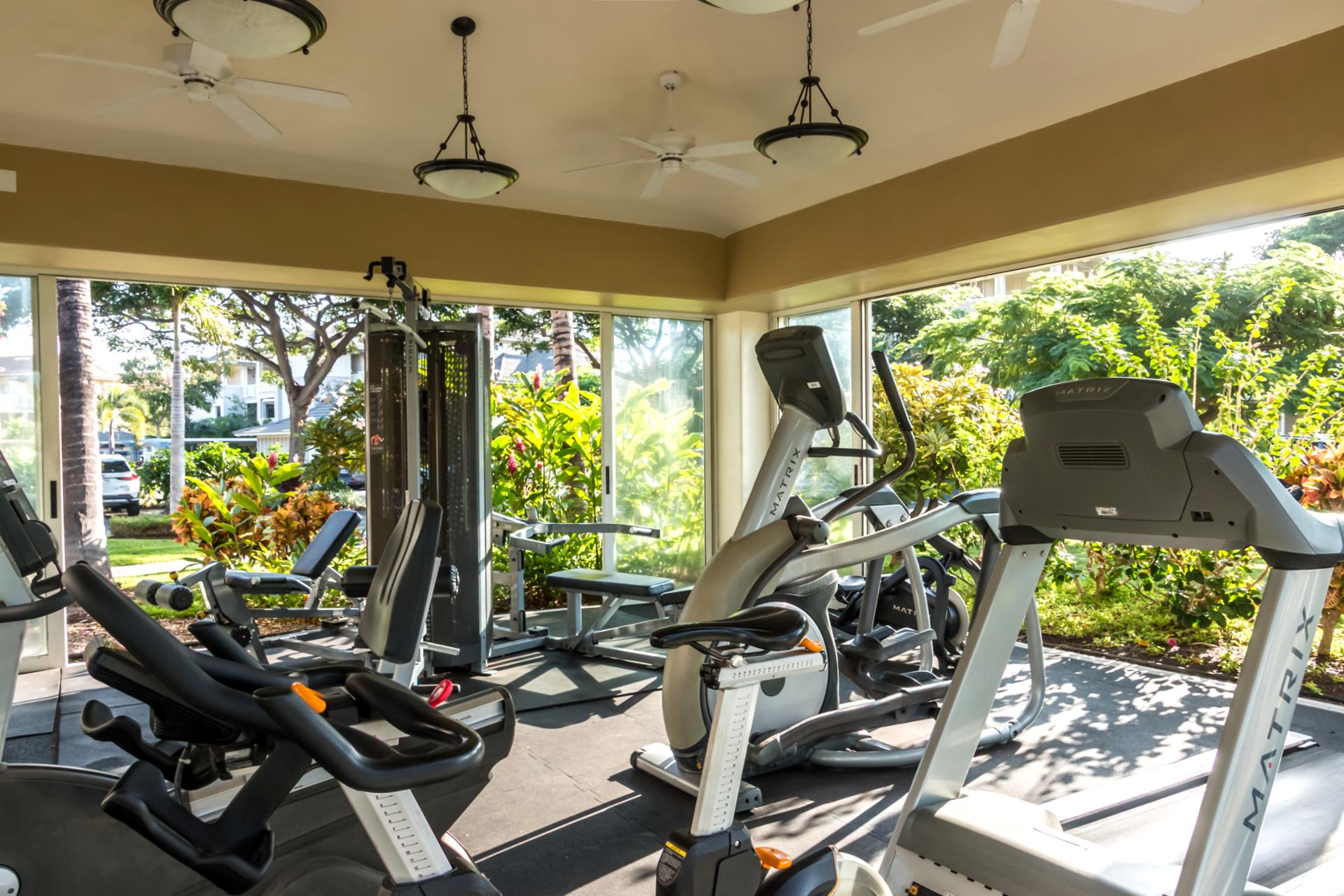 Stay active in the open-air fitness center, complete with cardio machines and garden views.
