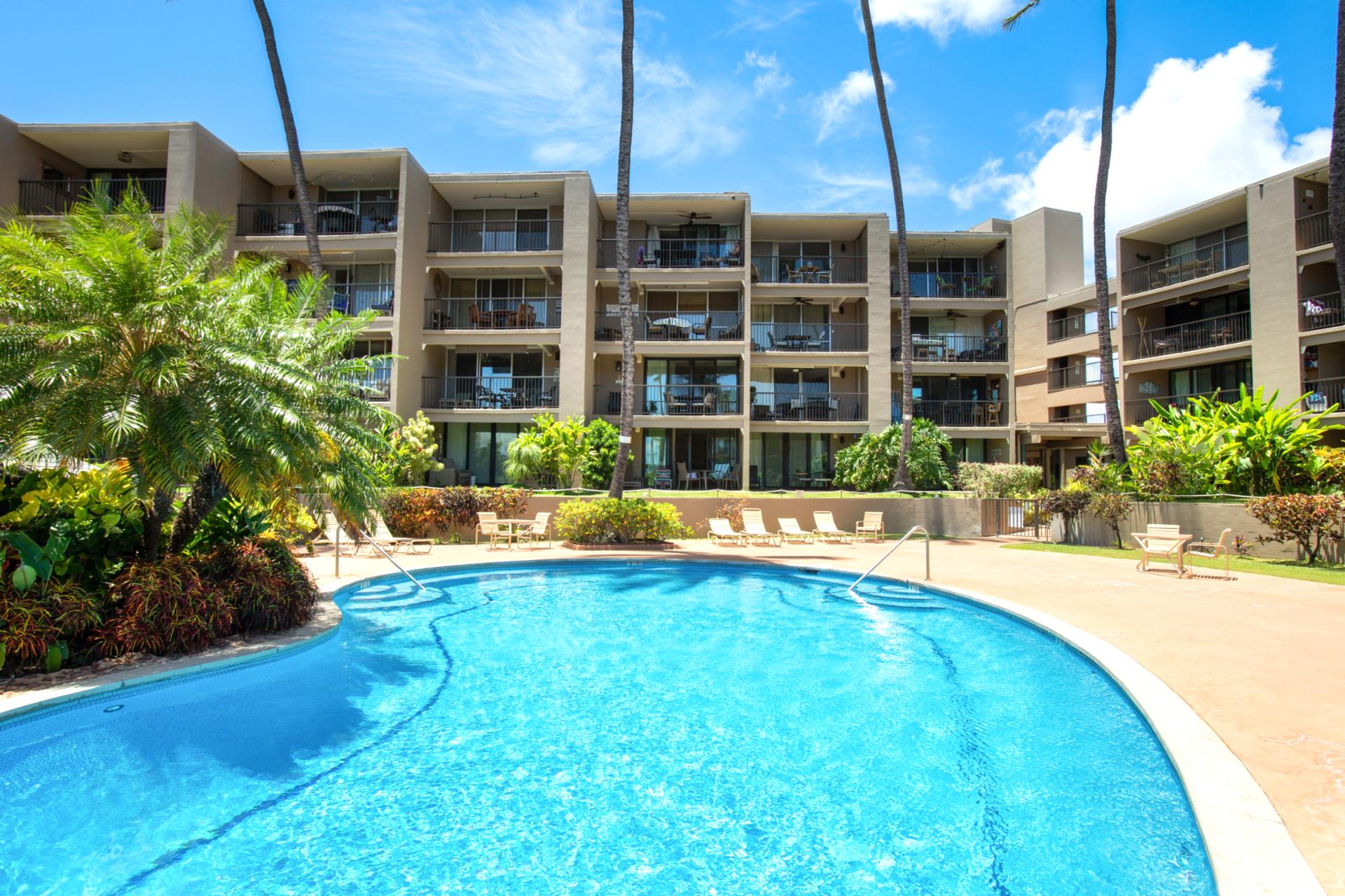 Enjoy Hale Ono Loa’s sparkling oceanfront pool, spacious sundeck, BBQ grills & spectacular Maui sunset views daily