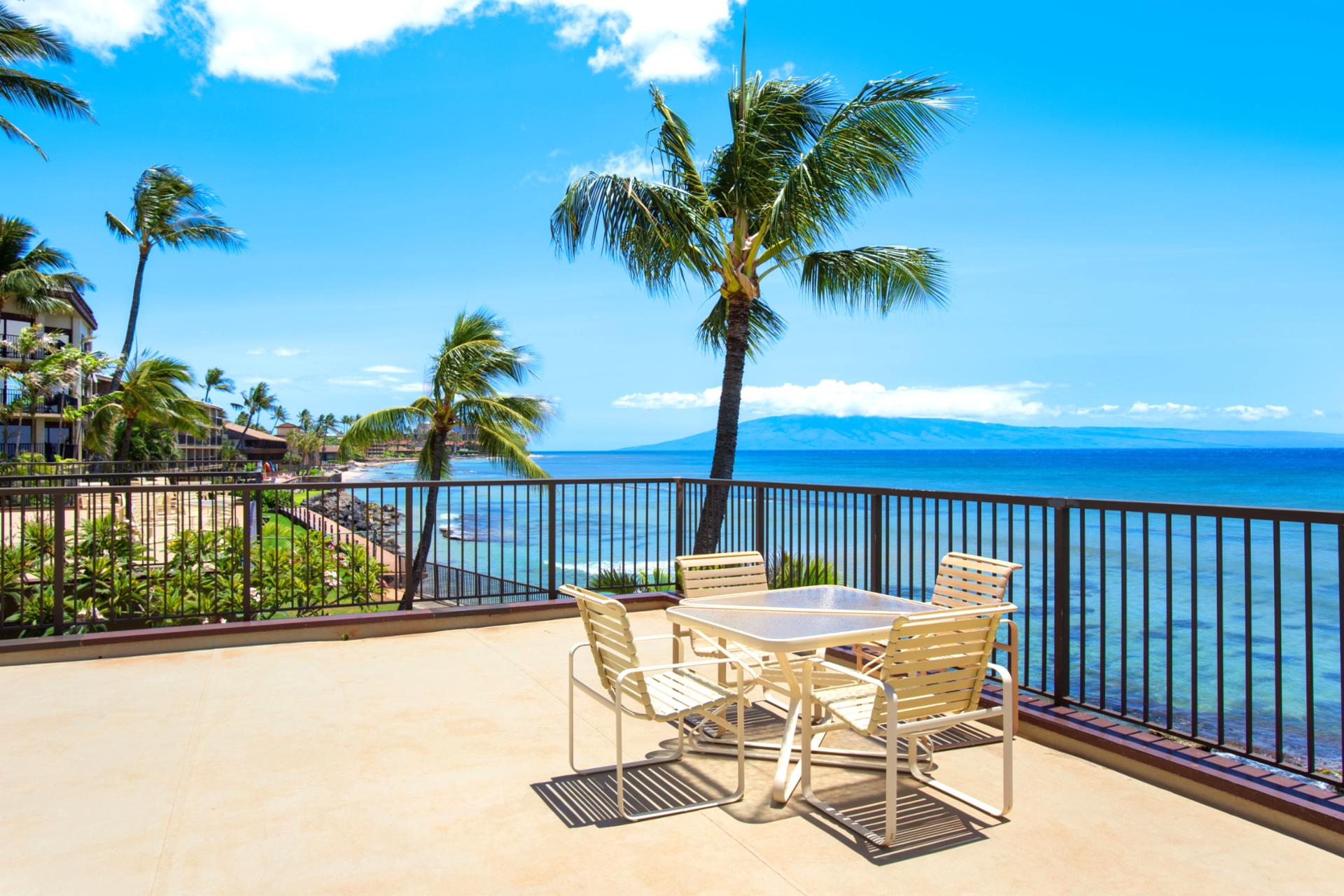 Relax at Hale Ono Loa’s oceanfront sundeck with panoramic views, poolside loungers & the sound of gentle Maui waves