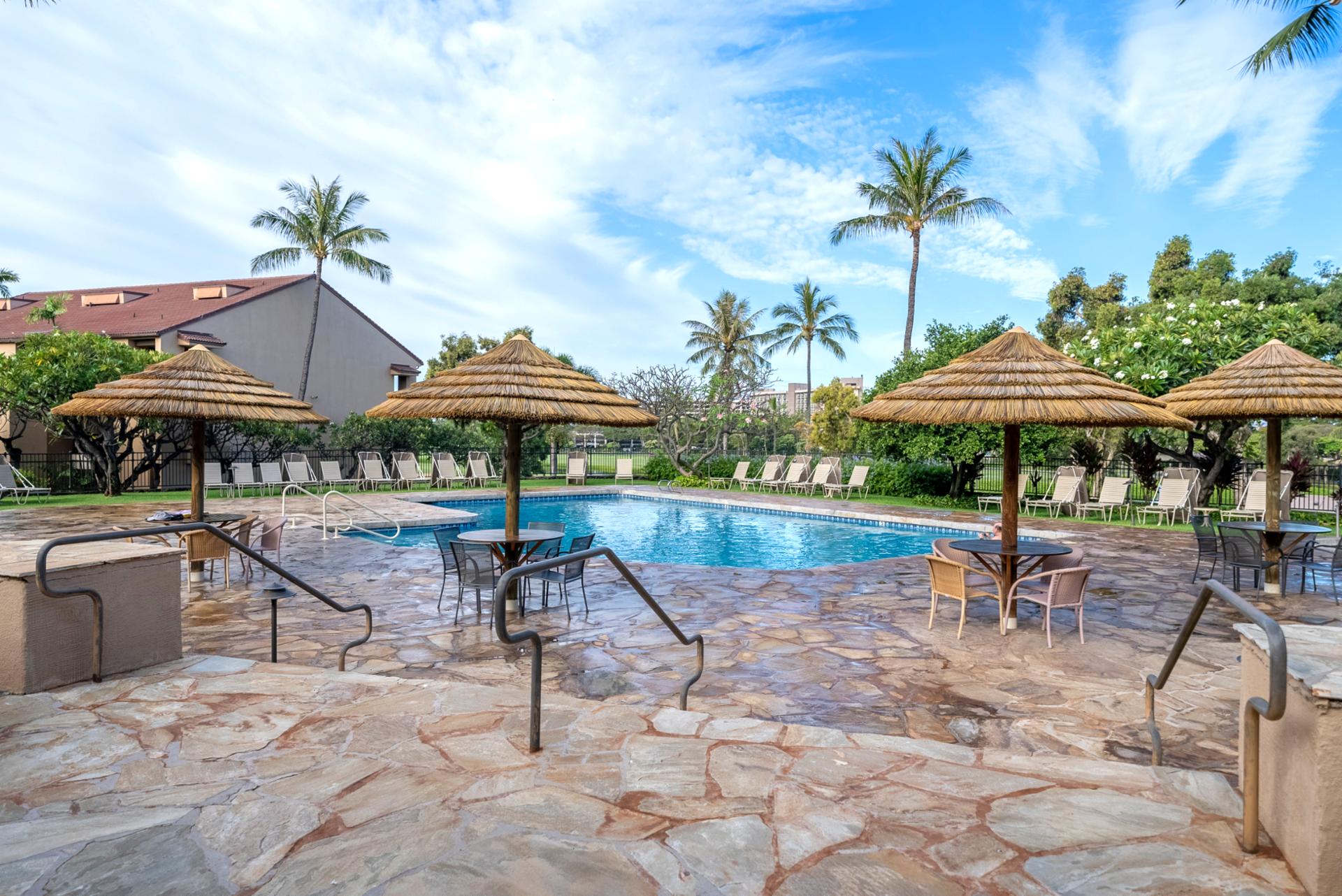 Kaanapali Royal’s inviting pool area is perfect for relaxing or socializing under the Hawaiian sun. It’s a vibrant hub of island life.