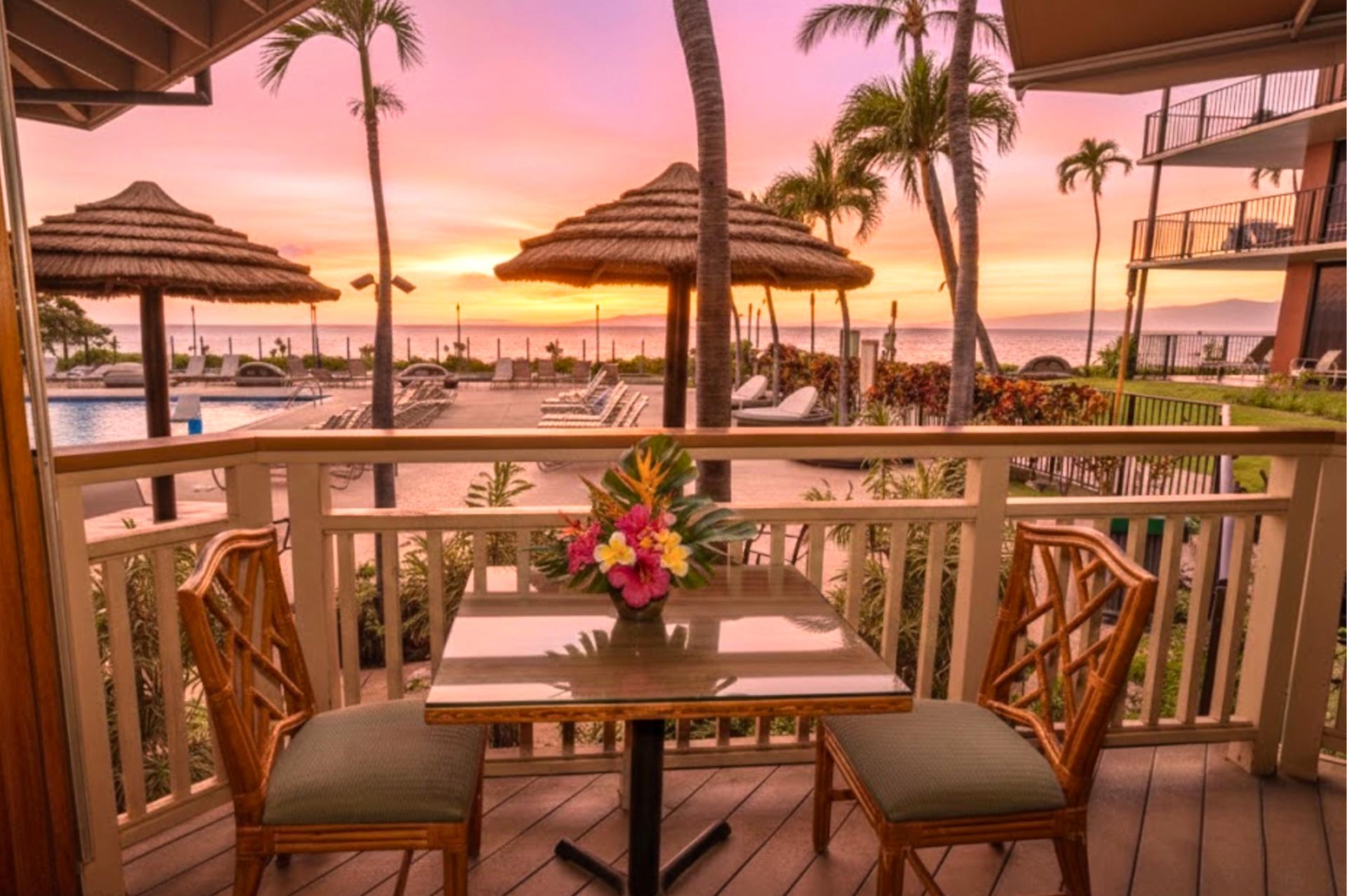 Savor meals with stunning sunset views at Kaanapali Shores' Beach Club, offering relaxed dining just moments from the sand.