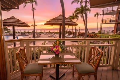 Savor meals with stunning sunset views at Kaanapali Shores' Beach Club, offering relaxed dining just moments from the sand.