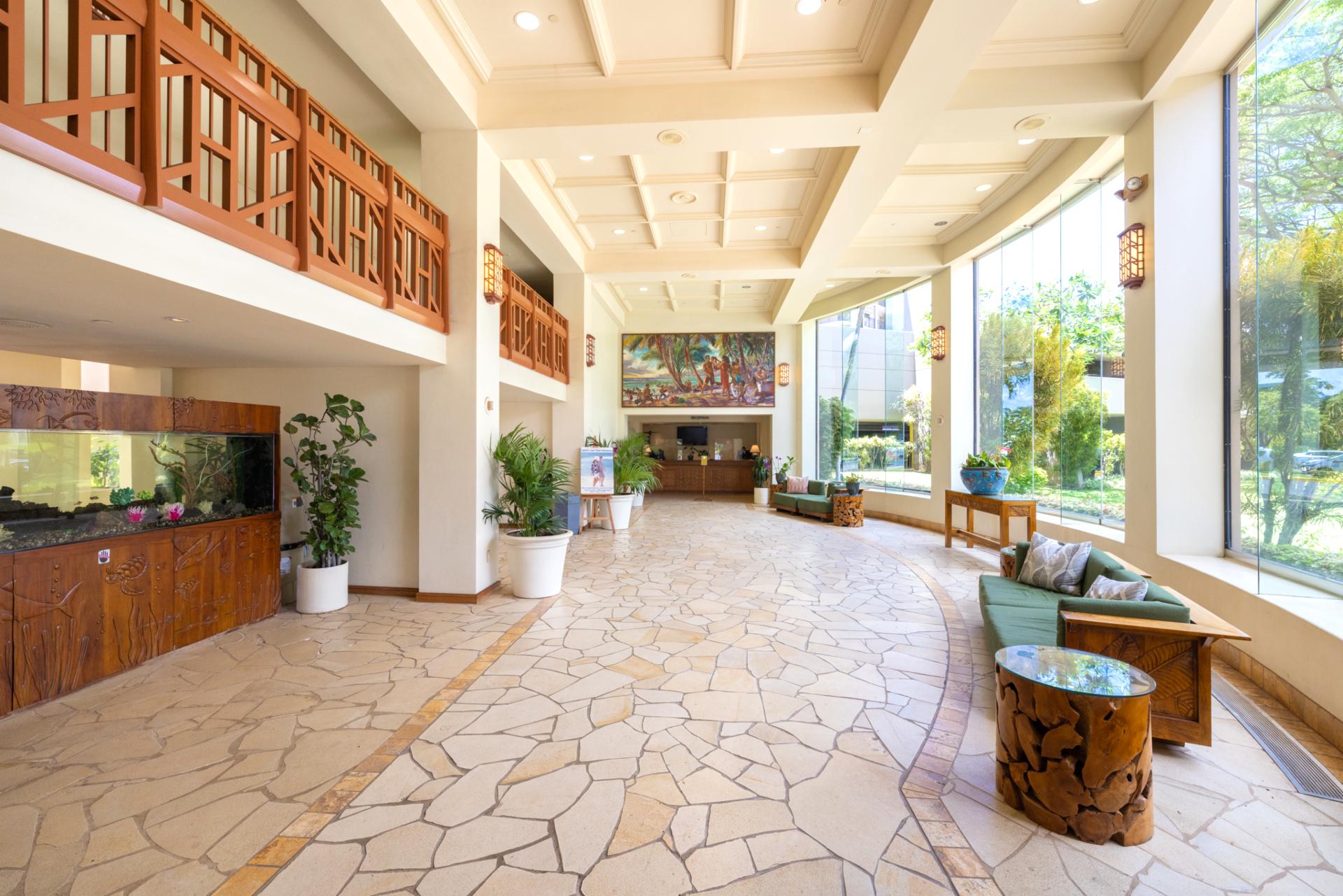 Experience a warm Maui welcome in the spacious lobby of Kaanapali Shores, where front desk services, open-air design, and tropical elegance set the tone for your stay.