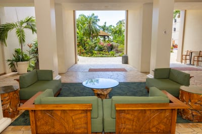 Enjoy the open-air lobby at Kaanapali Shores with garden views and tranquil seating, creating a welcoming Maui resort arrival