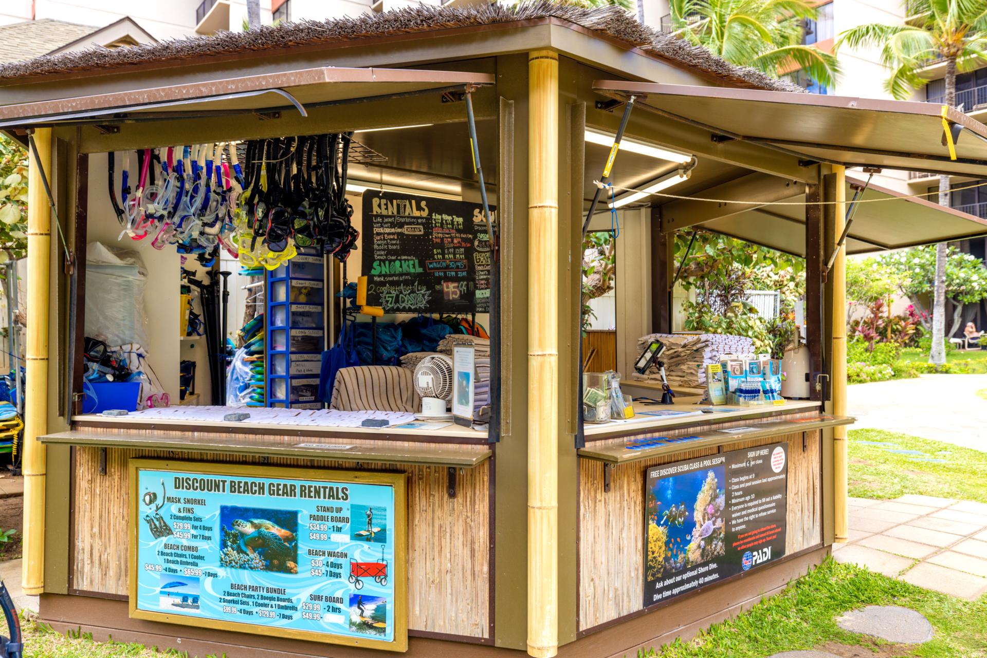 Rent snorkel gear, paddleboards, surfboards, and beach equipment on-site at Kaanapali Shores for ultimate Maui adventures