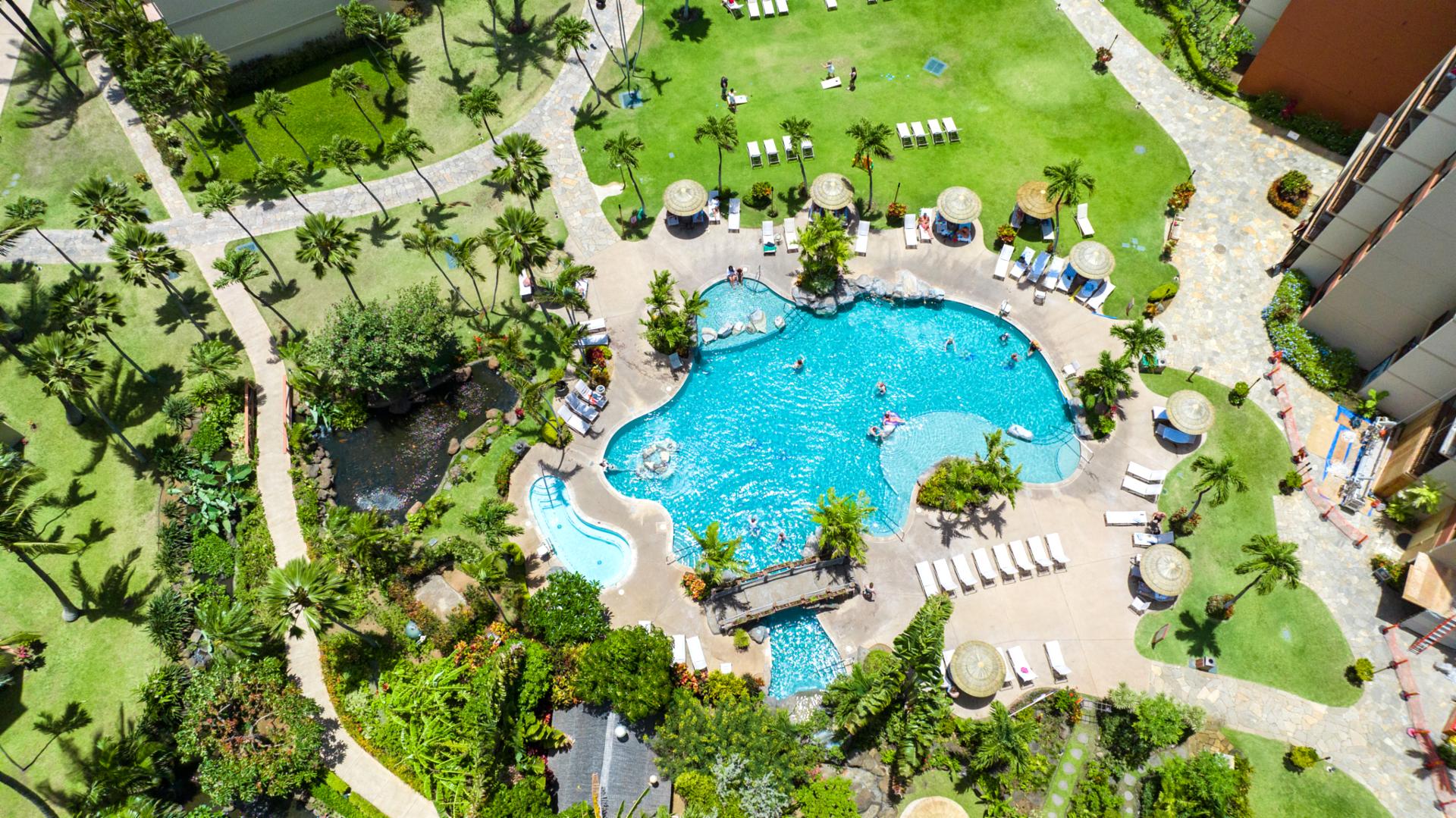 Discover Kaanapali Shores’ resort-style pools surrounded by lush tropical gardens, perfect for ultimate relaxation in Maui