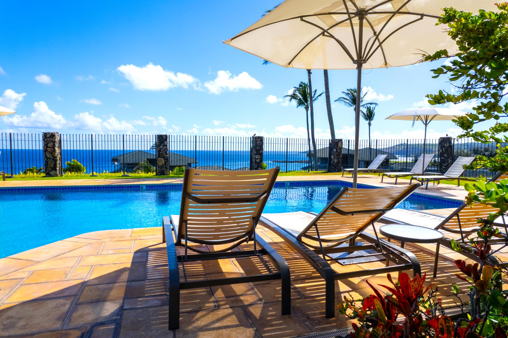 Take a break from exploring Maui and unwind in the peaceful pool area. Comfortable loungers and shade options ensure your perfect relaxation.
