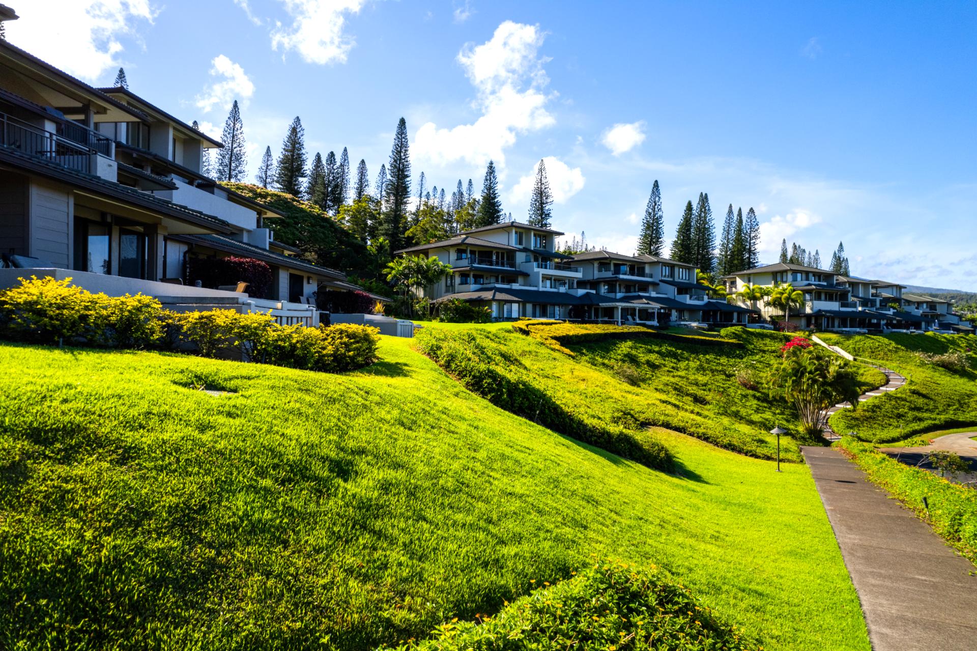 The beautifully maintained landscapes at Kapalua Golf Villas showcase the lush diversity of Hawaiian flora. Every pathway is surrounded by vibrant tropical greenery.