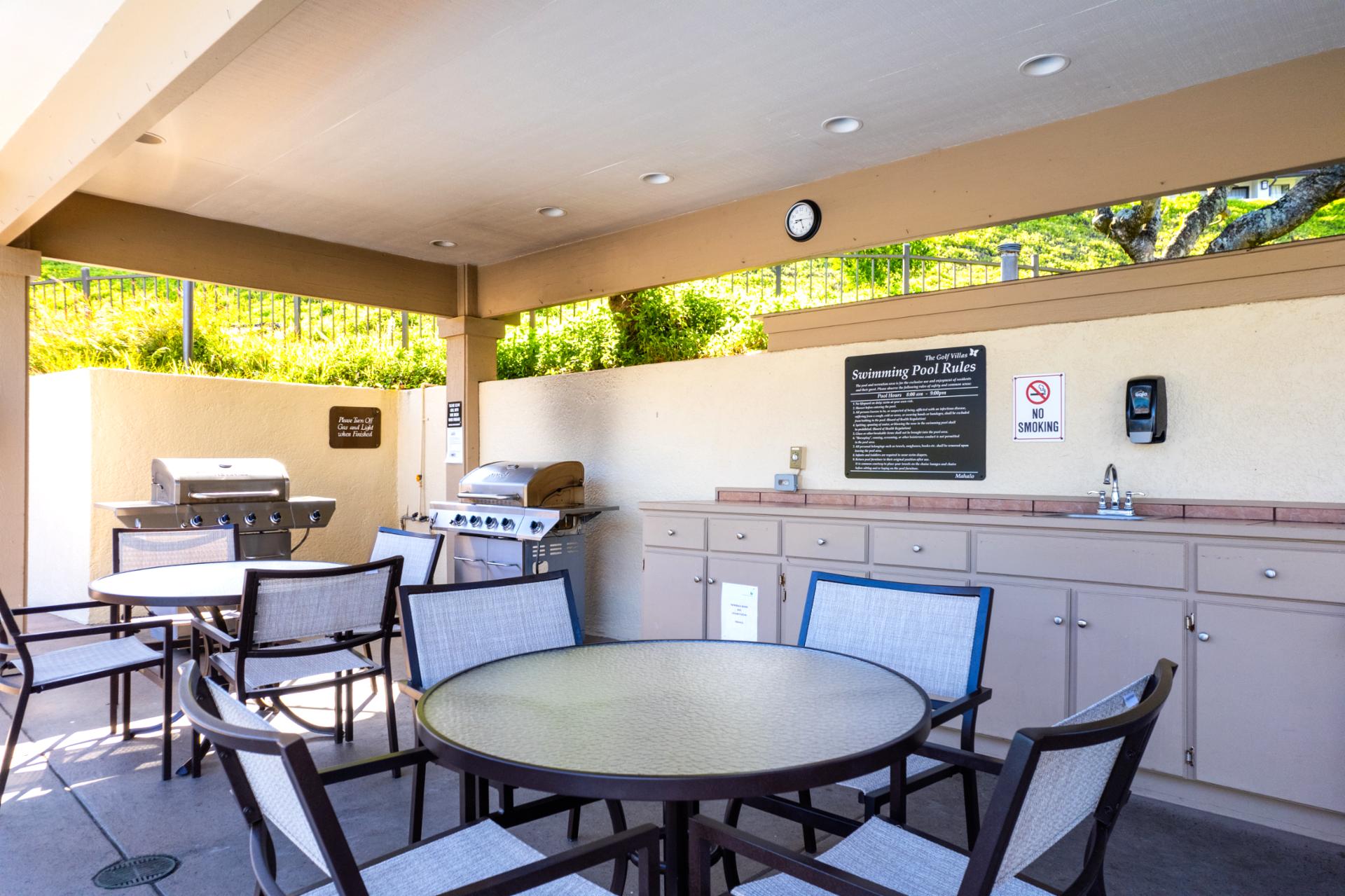 The BBQ area at Kapalua Golf Villas is perfect for enjoying delicious meals with family and friends. Grill fresh island flavors while soaking in tropical surroundings.