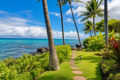 Garden path to the shoreline at Mahina Surf — stepping stones lead past loungers to the oceanfront point