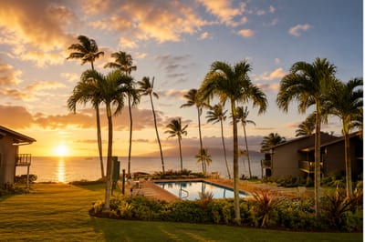 Sunset over the pool deck at Mahina Surf — golden-hour views across the channel with a sailboat drifting past