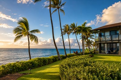 Rocky Maui coastline at Mahina Surf — a quiet lava-rock point with tidepools and easy ocean access from the garden path