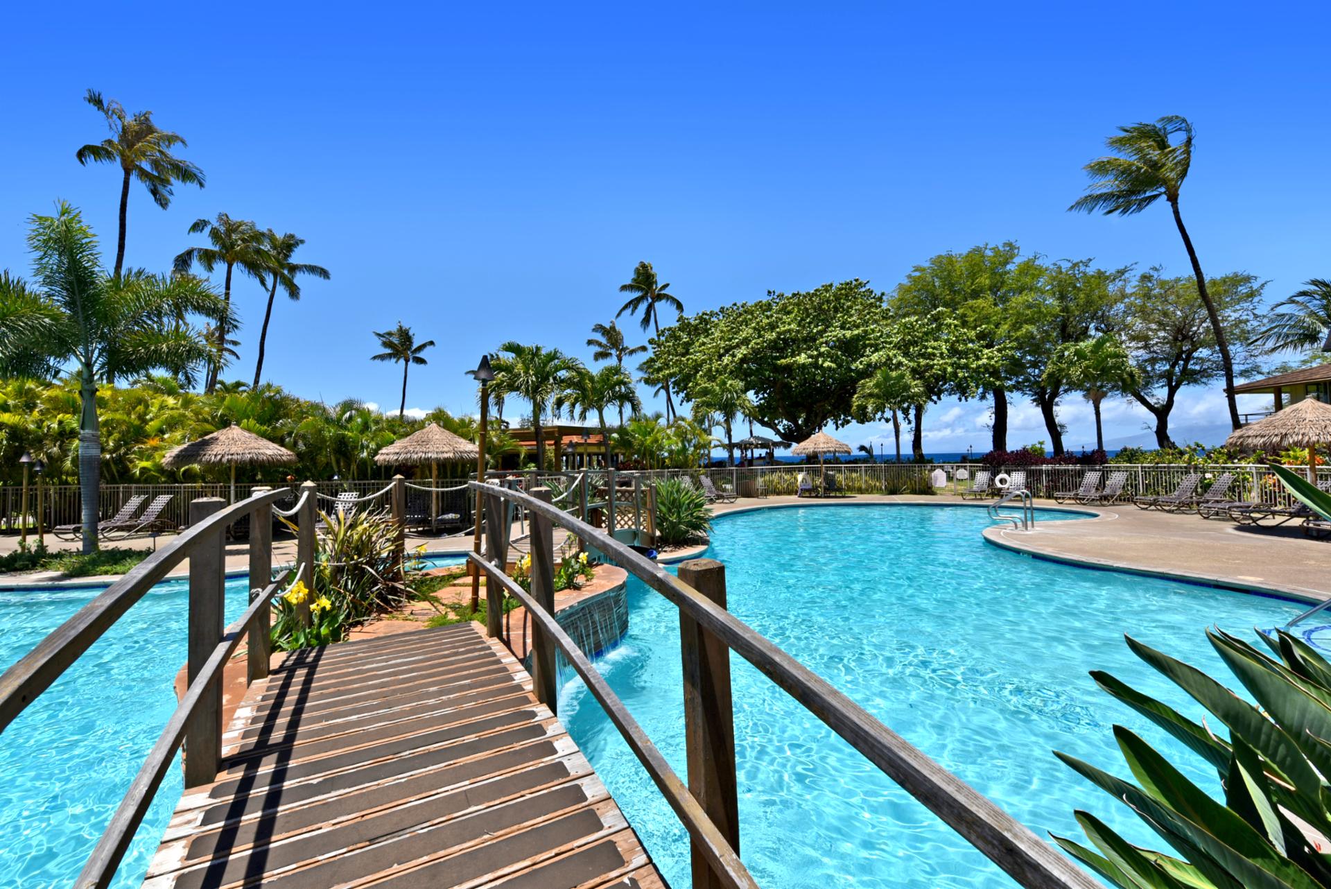 Cross the tropical bridge to resort pools framed by palms, cabanas & crystal-clear waters