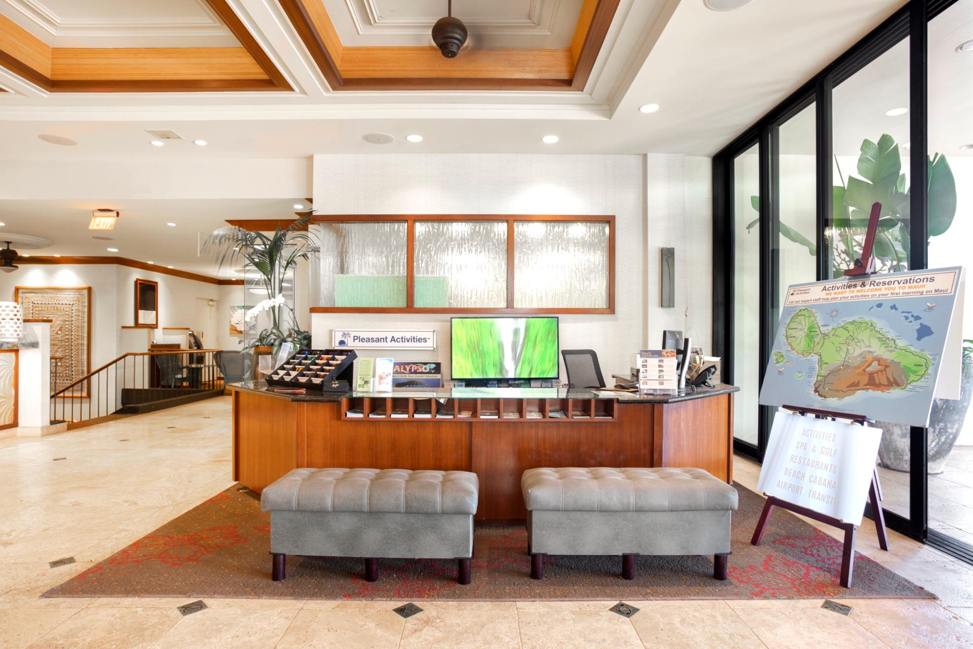 Resort front desk with bright open spaces, sophisticated design & personalized service to welcome every guest