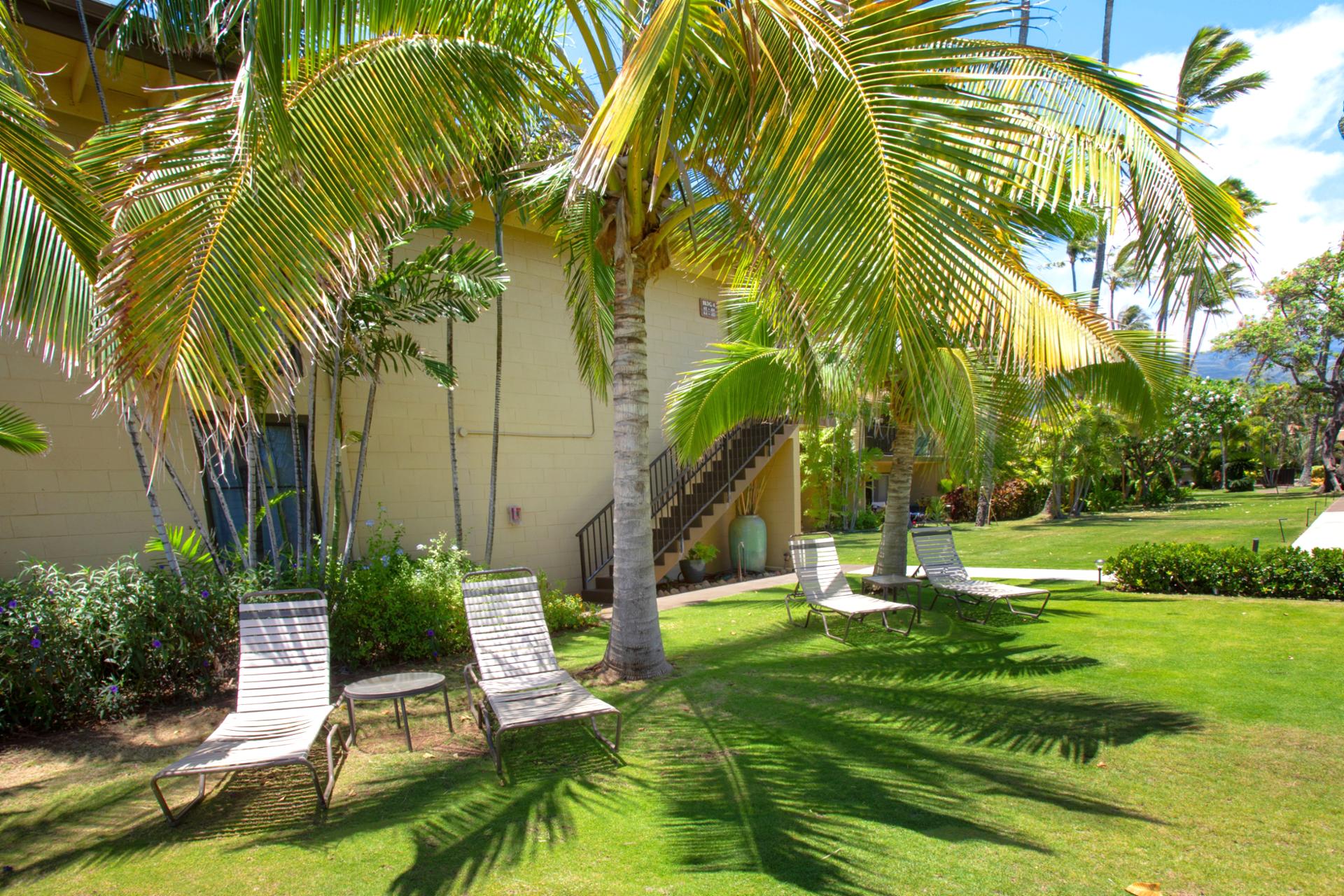 Maui Sands’ outdoor seating areas are perfect for enjoying a book or conversation. Comfortable and scenic, they invite relaxation throughout the day.