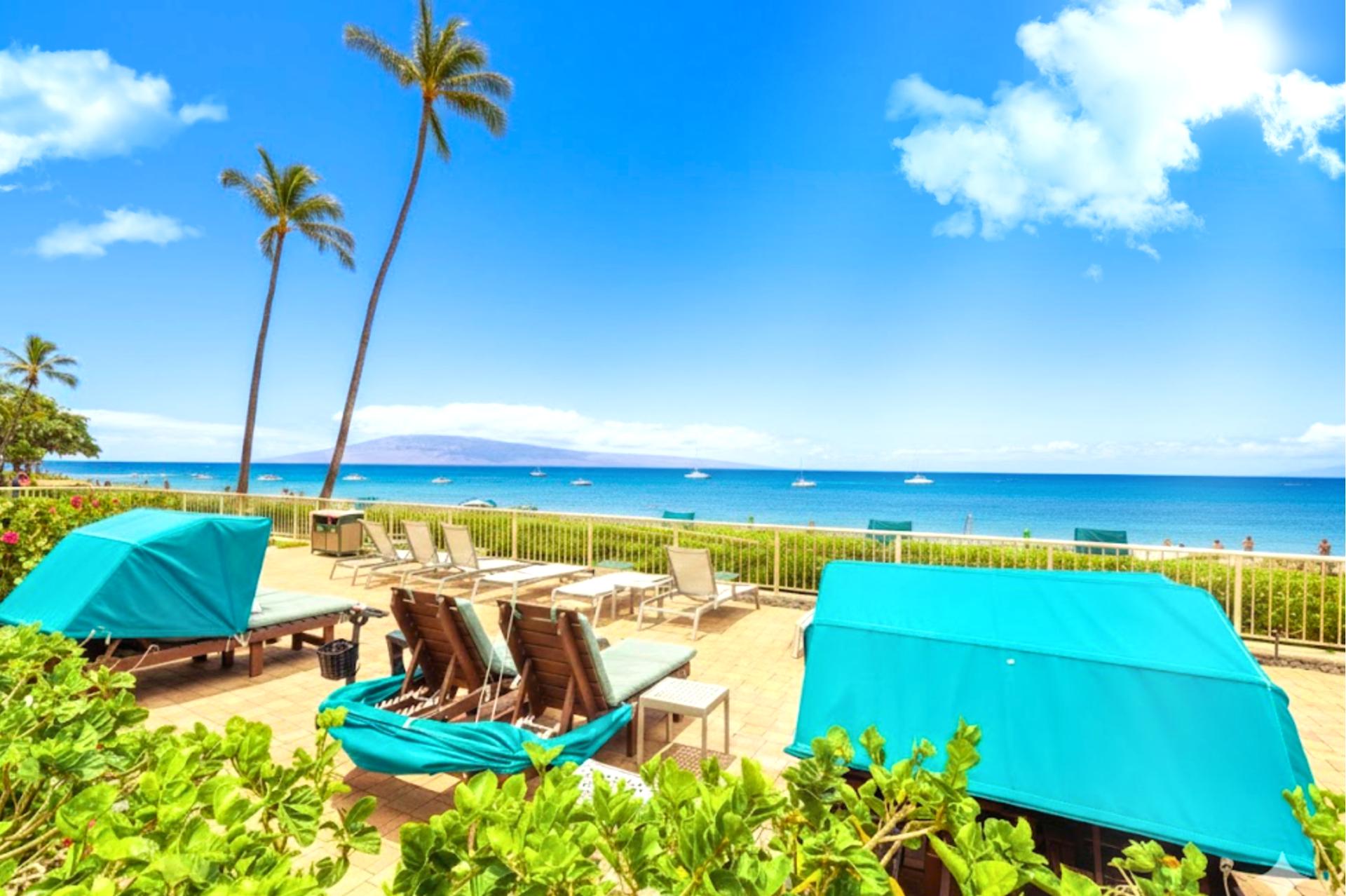 Private beach access with oceanfront loungers, luxury cabanas, panoramic ocean views, crystal waters & tropical resort gardens