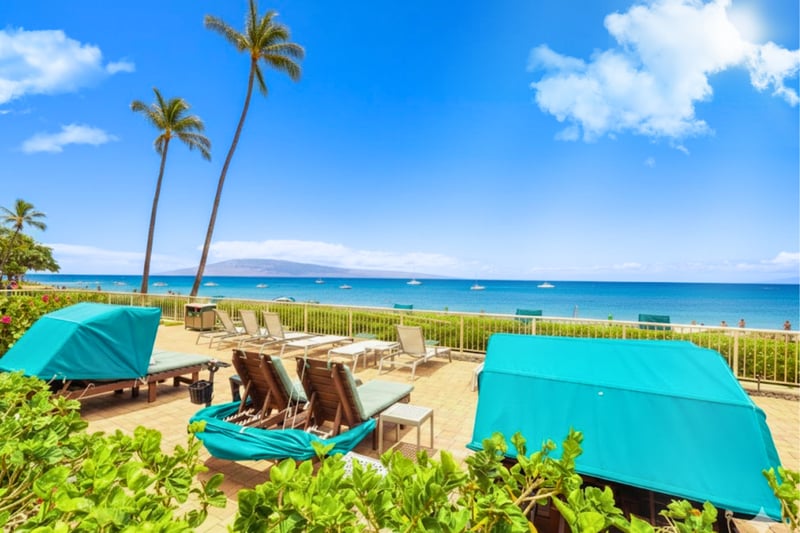 Private beach access with oceanfront loungers, luxury cabanas, panoramic ocean views, crystal waters & tropical resort gardens