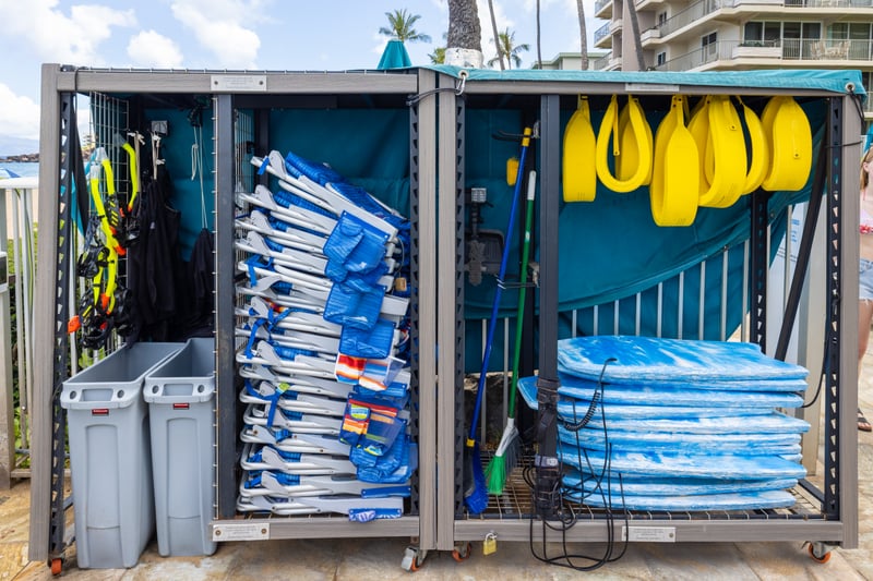 Full beach gear service with snorkel sets, boogie boards, beach chairs, flotation devices, umbrellas & activity equipment