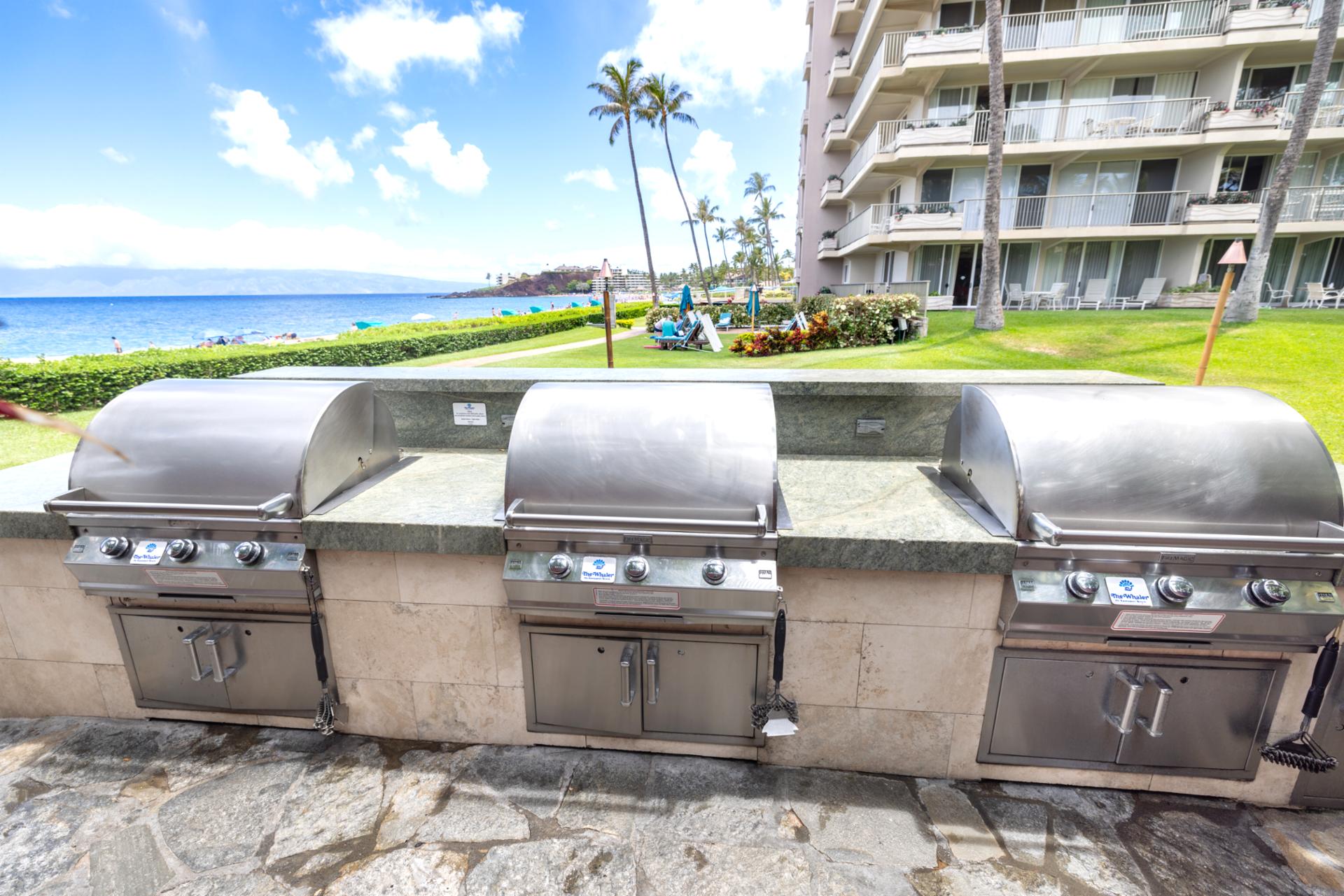 Multiple BBQ grilling stations, shaded dining areas, oceanfront seating, tropical landscaping & panoramic beach views