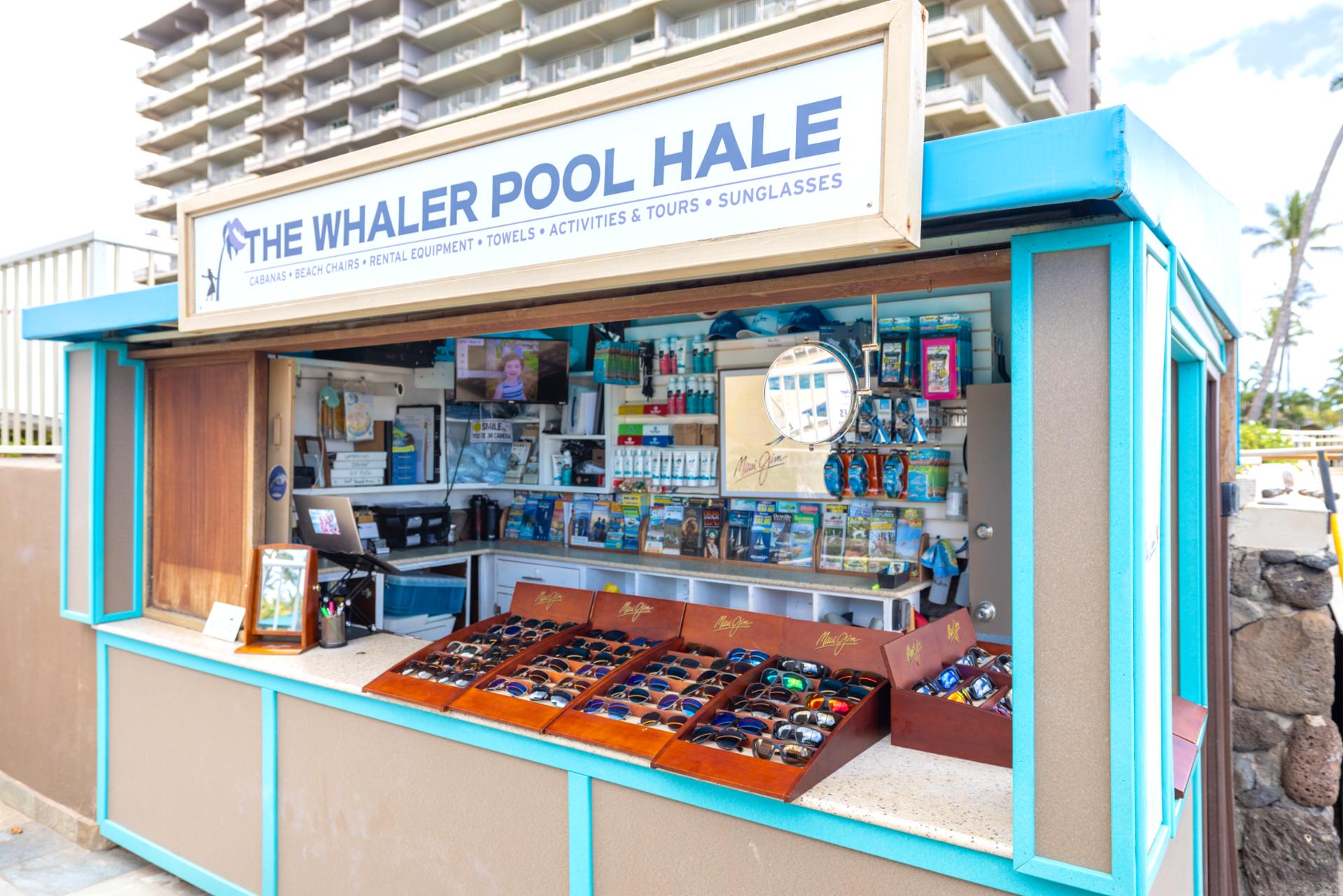 Poolside guest center with beach gear rentals, tour bookings, cabanas, beach chairs, towels, sunglasses & activities desk