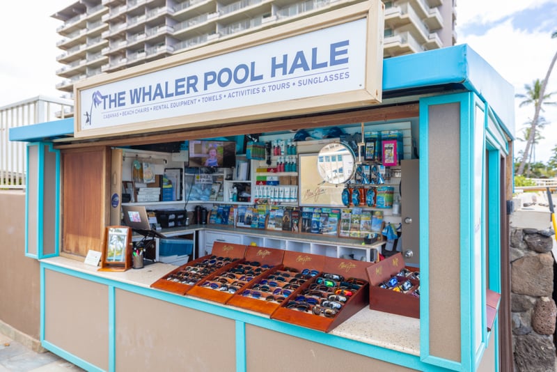 Poolside guest center with beach gear rentals, tour bookings, cabanas, beach chairs, towels, sunglasses & activities desk