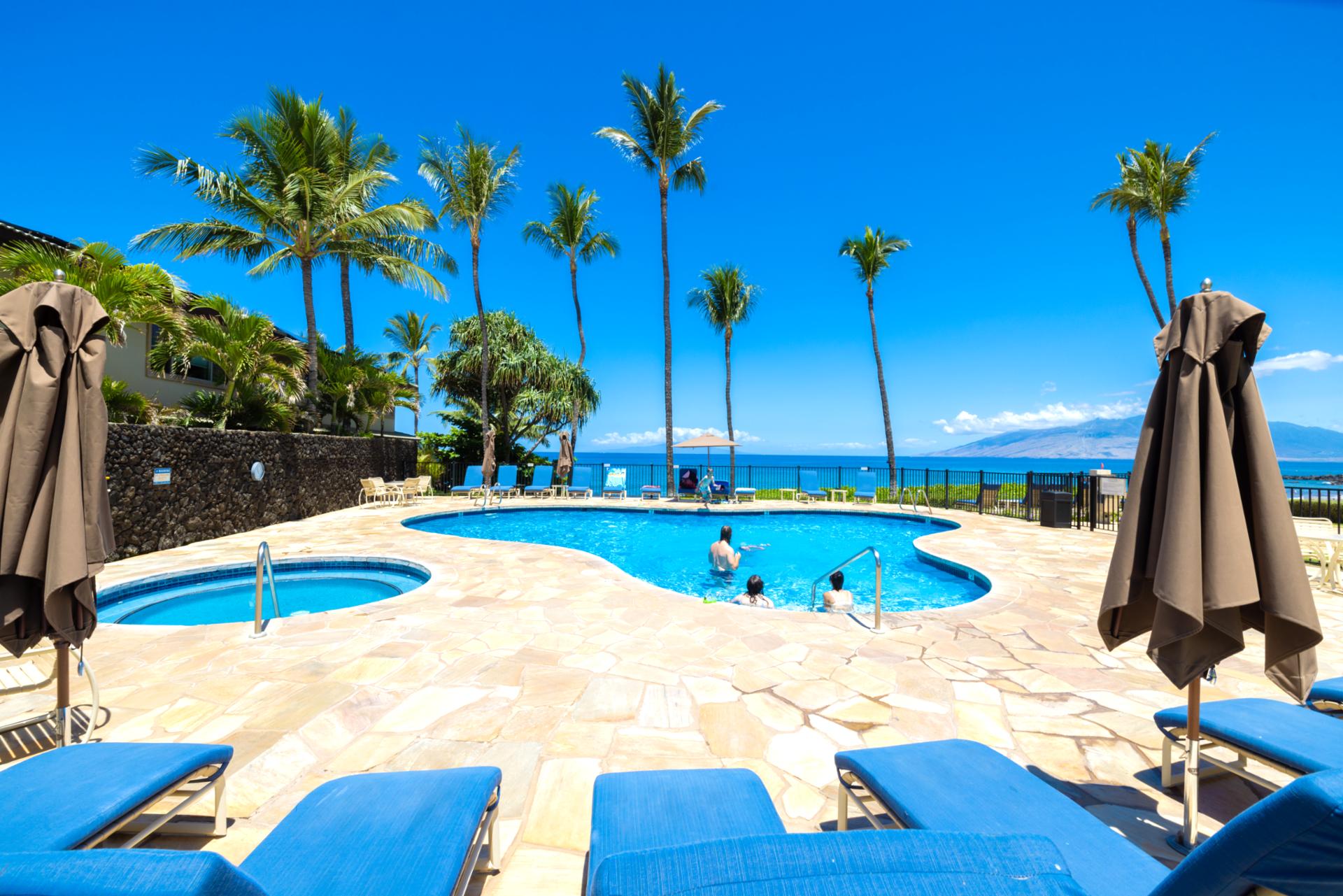 Tranquil infinity-style pool, tropical landscaping, ocean views & private gated beach access steps away
