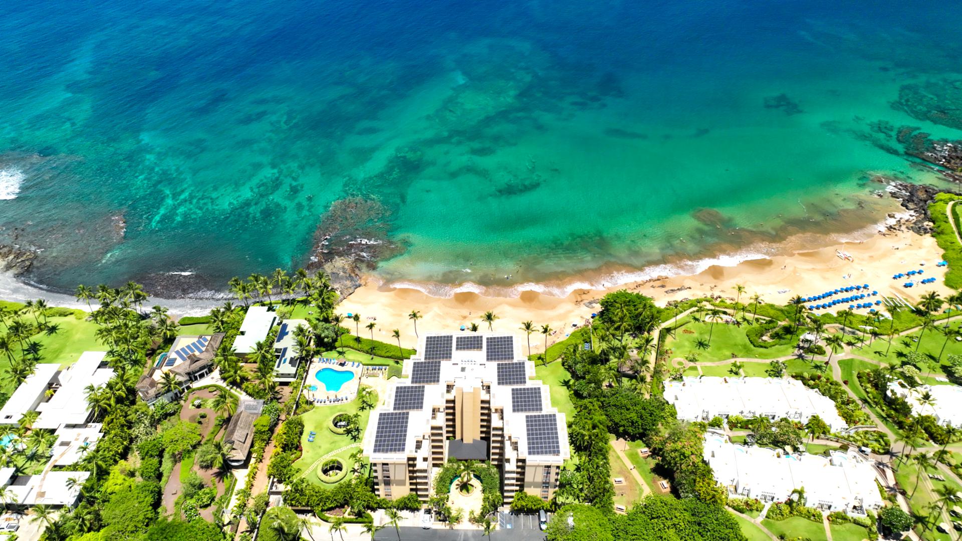 Elegant coastal hideaway: private beach, sparkling pool, tropical gardens & solar-powered resort comforts