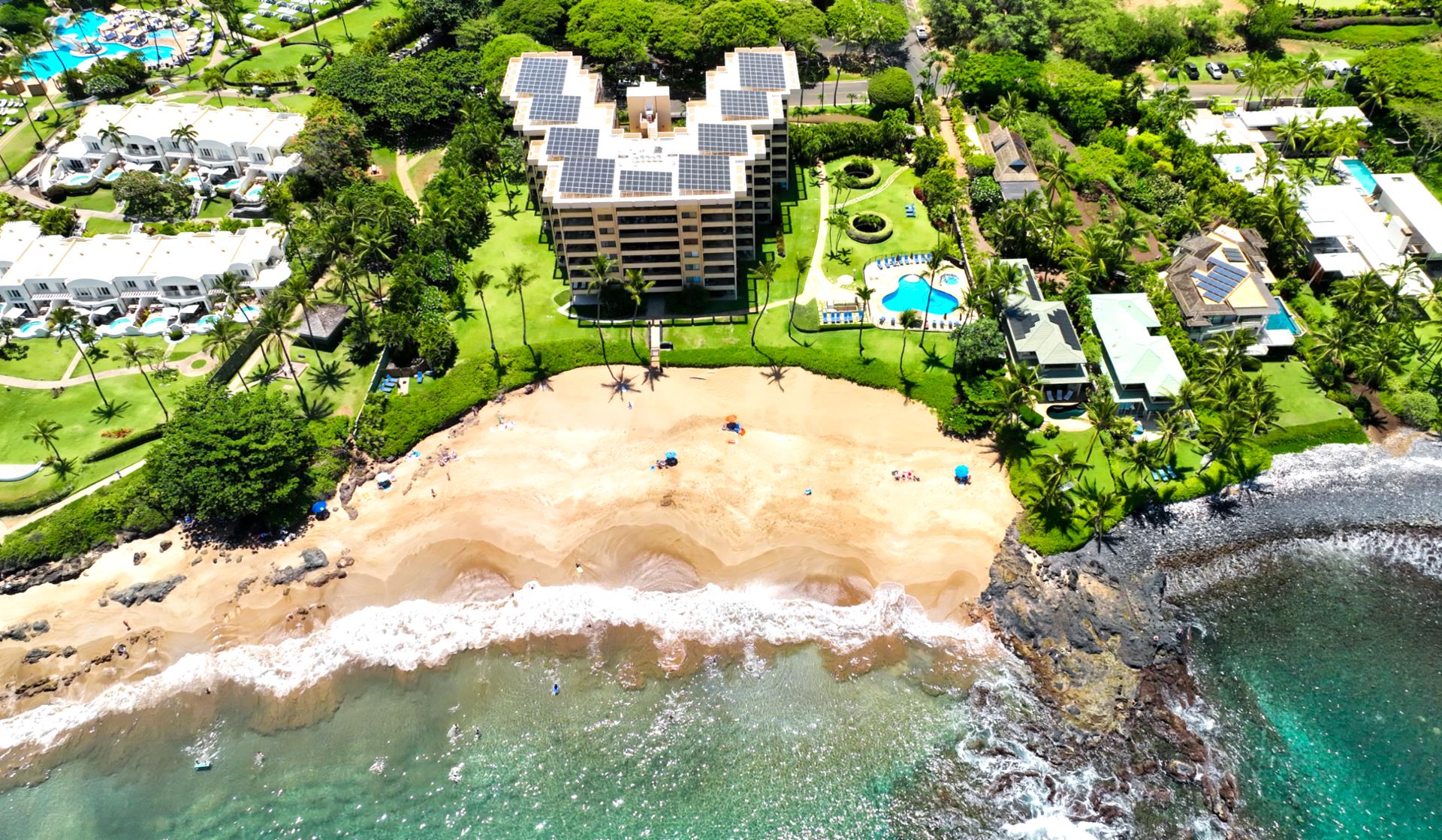 Luxury beachfront escape with ocean views, private beach access, resort pool, tropical gardens & solar power