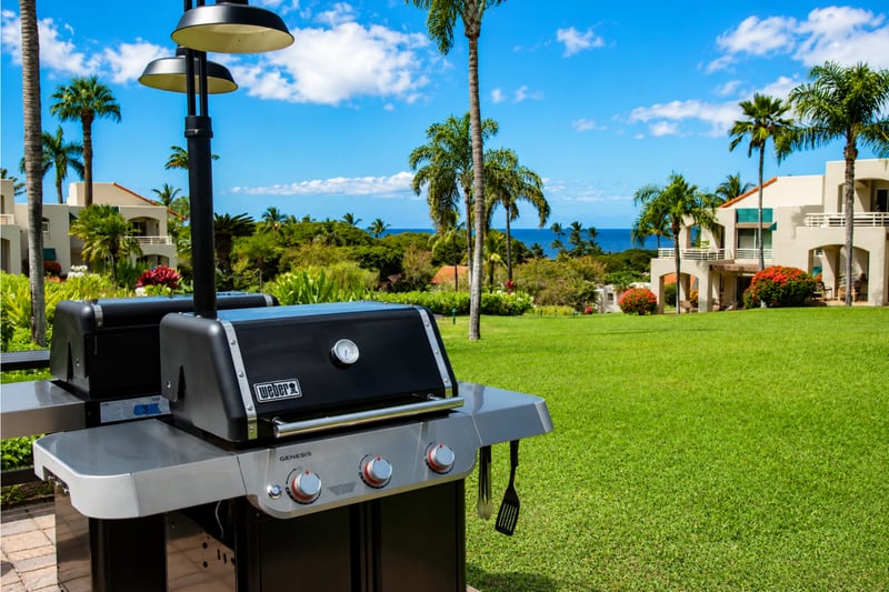 Oceanfront grilling area with panoramic Pacific views, perfect for sunset cookouts and al fresco island dining.