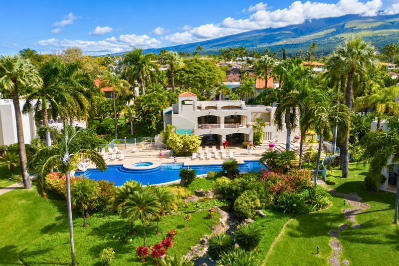 Beautiful garden and pool views showcase the tranquil tropical setting that makes The Palms at Wailea so special.