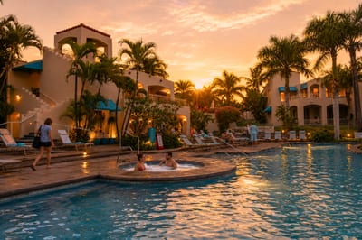 Resort-style swimming pool surrounded by lush tropical landscaping and swaying palms in the heart of Wailea.