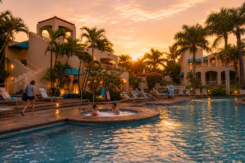 Resort-style swimming pool surrounded by lush tropical landscaping and swaying palms in the heart of Wailea.