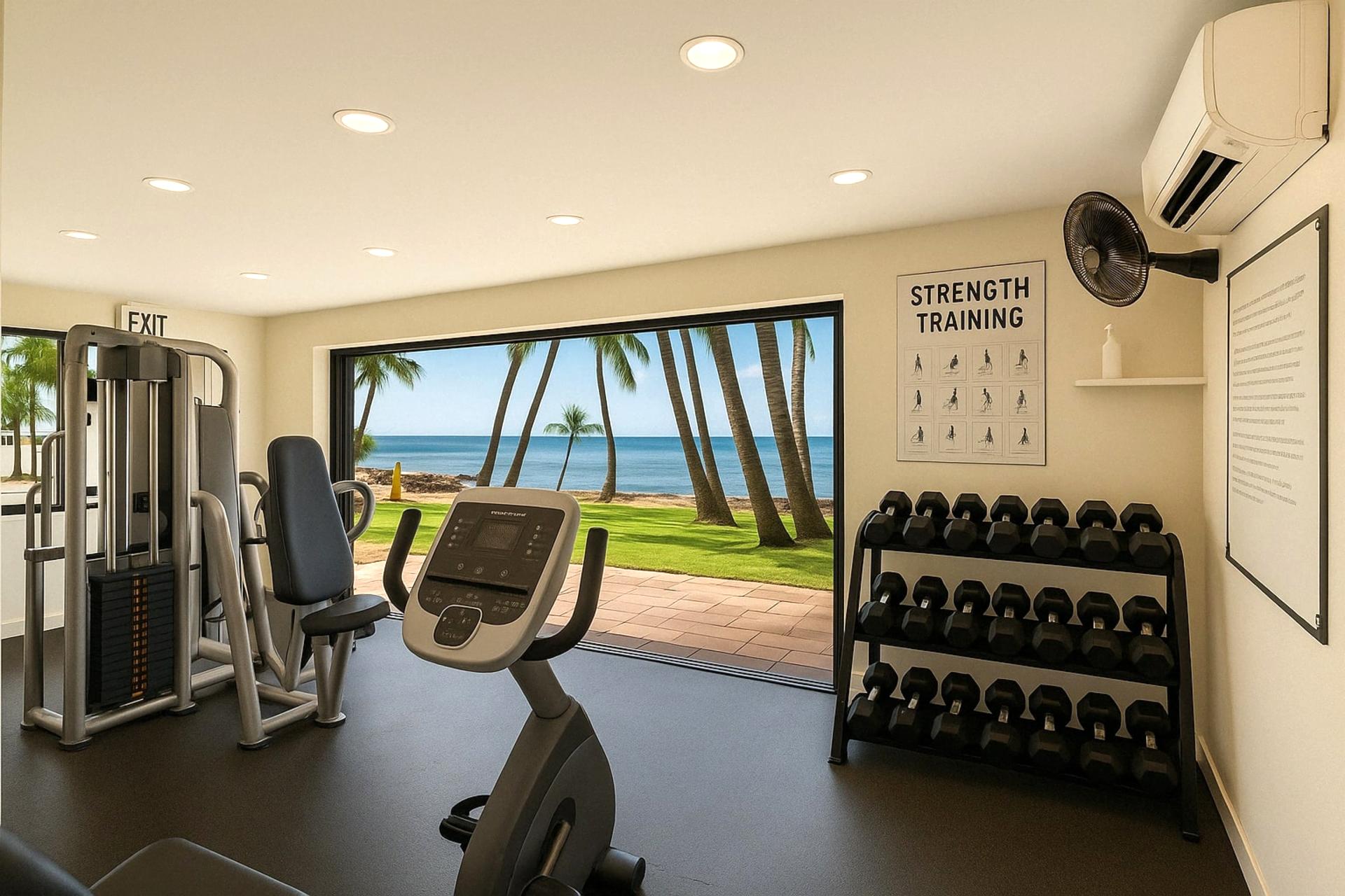 Poolside Fitness Center, with AC and views of the beach