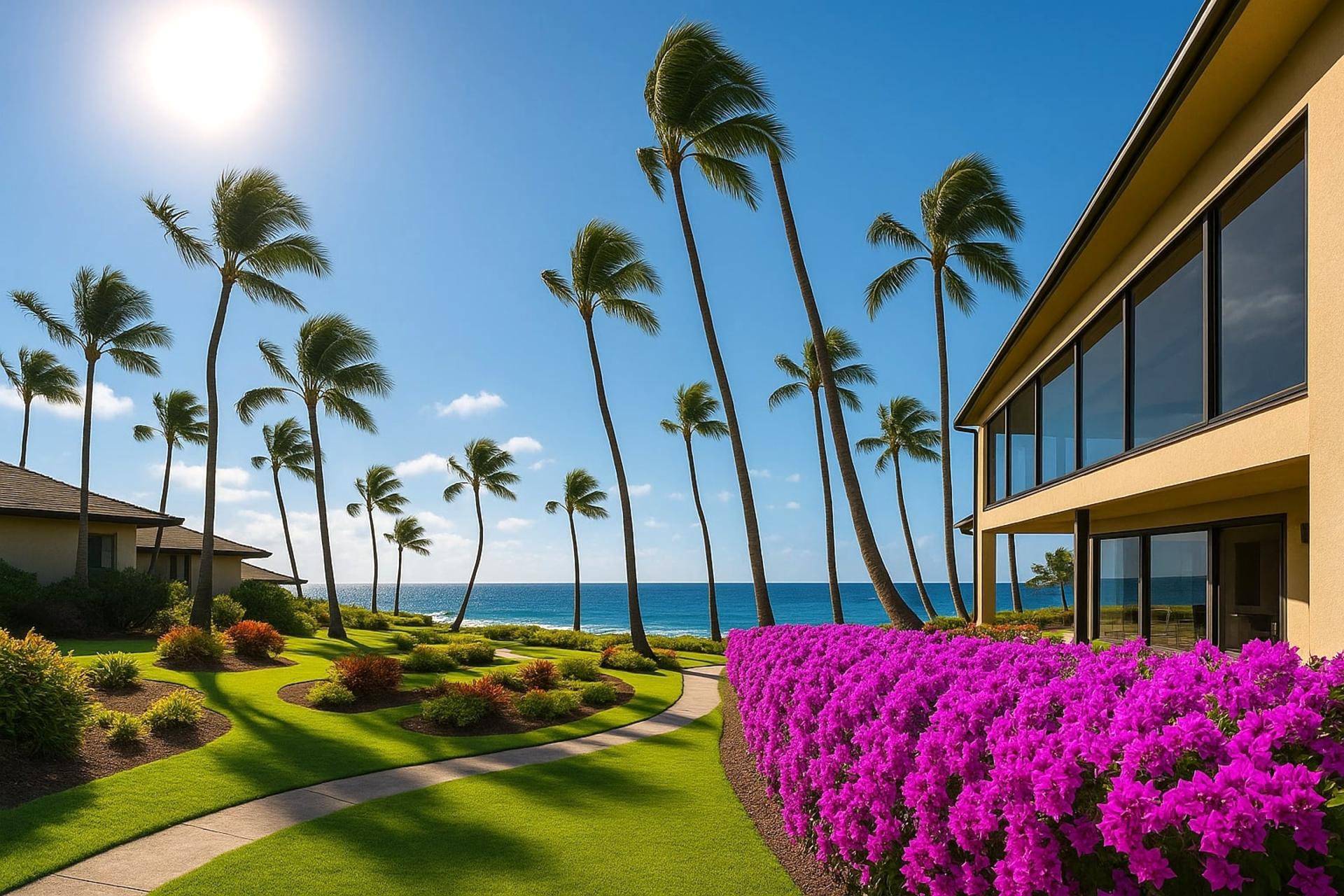 Oceanfront serenity framed by swaying palms and vibrant magenta bougainvillea in full bloom.