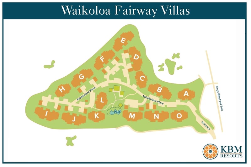 Get oriented with the Fairway Villas Waikoloa resort map, highlighting all buildings and common amenities.