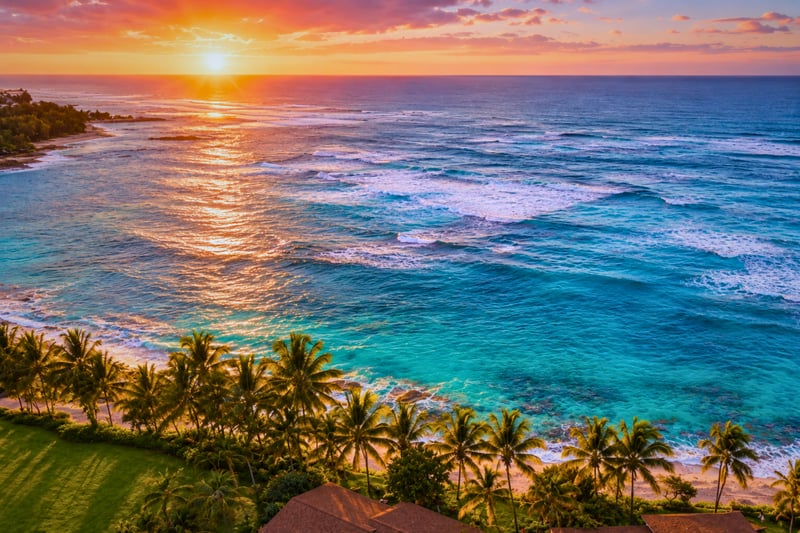 Aerial look at the rugged shoreline near Kuilima Estates, where turquoise waves crash against lava rock and forested cliffs frame Oahu’s wild North Shore.