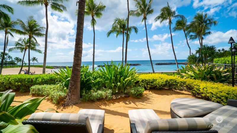Feel the cool ocean breeze and watch the palm trees sway as you take in the stunning beachfront panorama. Ko Olina’s beach view offers peace like nowhere else.