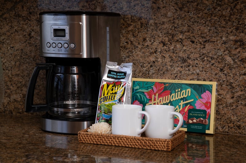 Every great vacation day starts with great coffee—this sweet setup includes local flavor and a side of tropical comfort