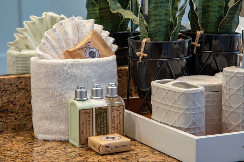 From luxe soap to fresh greens, this setup says ‘welcome’ in the most refined way—because your comfort deserves first-class details