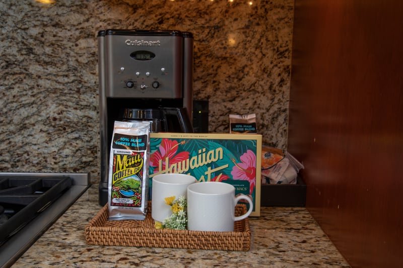 Wake up to island vibes with our Maui coffee station—complete with local blends, floral accents, and cozy mugs MON-2204