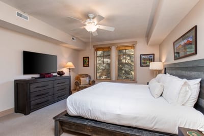 Wake up to forest views in your spacious primary suite with a King bed, mirrored closets, and Smart TV for winding down. TPC-102C